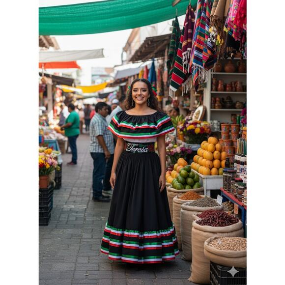 Mexican set Mexico todo corazon single circle skirt day of the dead 5 de mayo - Picture 4 of 5